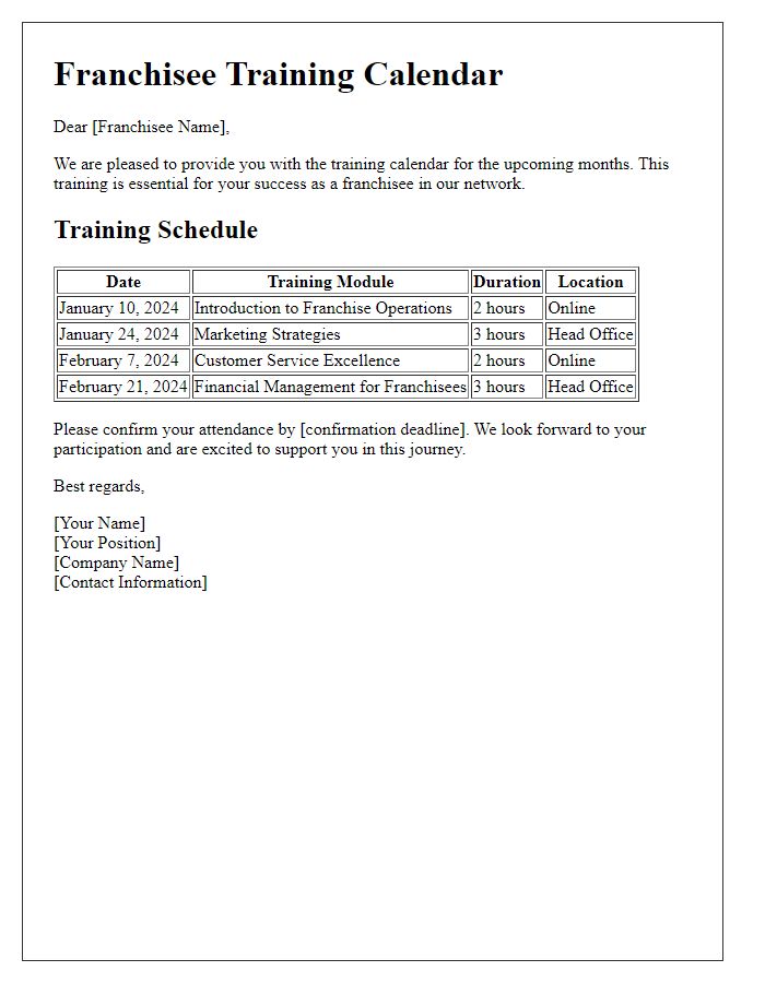 Letter template of franchisee training calendar