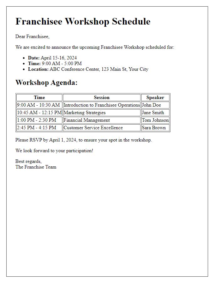 Letter template of franchisee workshop schedule