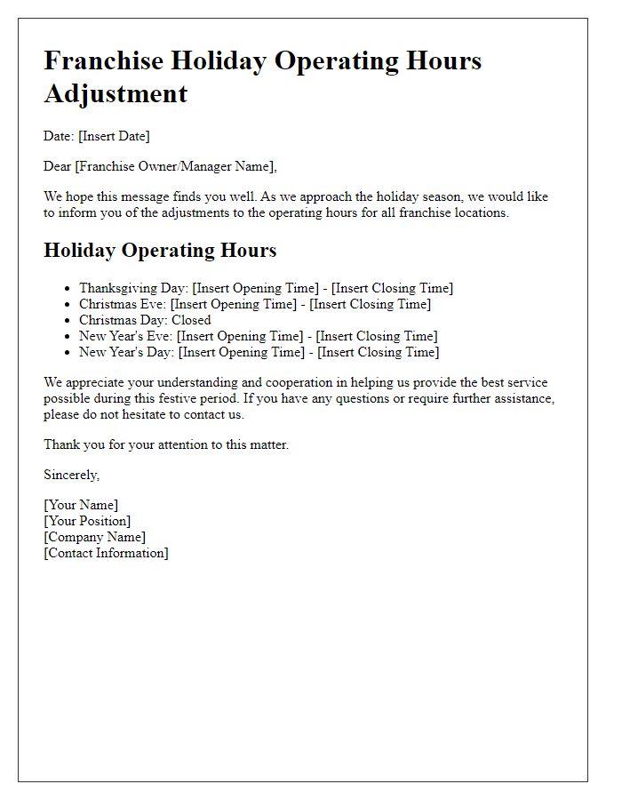 Letter template of franchise holiday operating hours adjustment