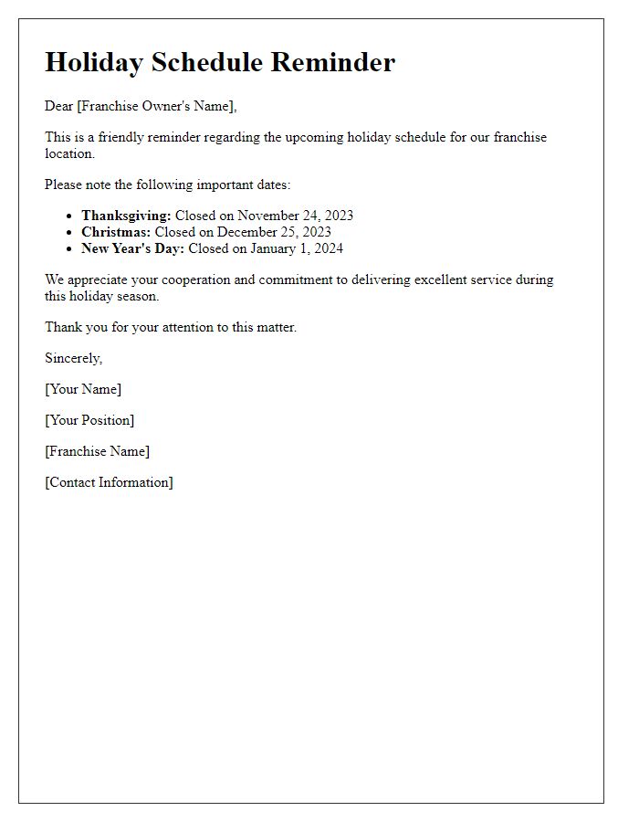 Letter template of franchise holiday schedule reminder