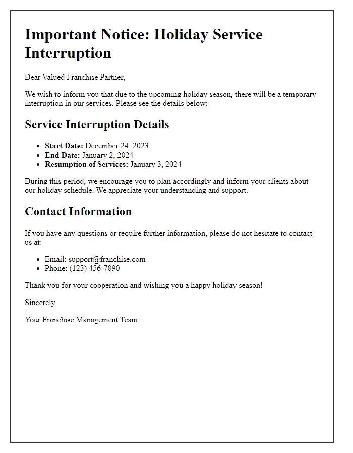 Letter template of franchise holiday service interruption information