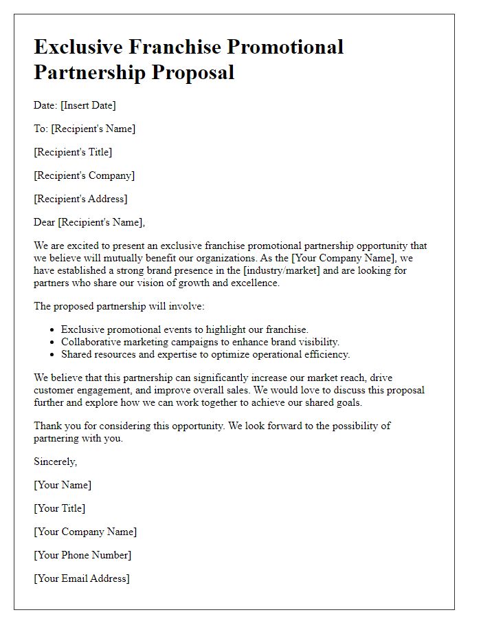 Letter template of exclusive franchise promotional partnership proposal