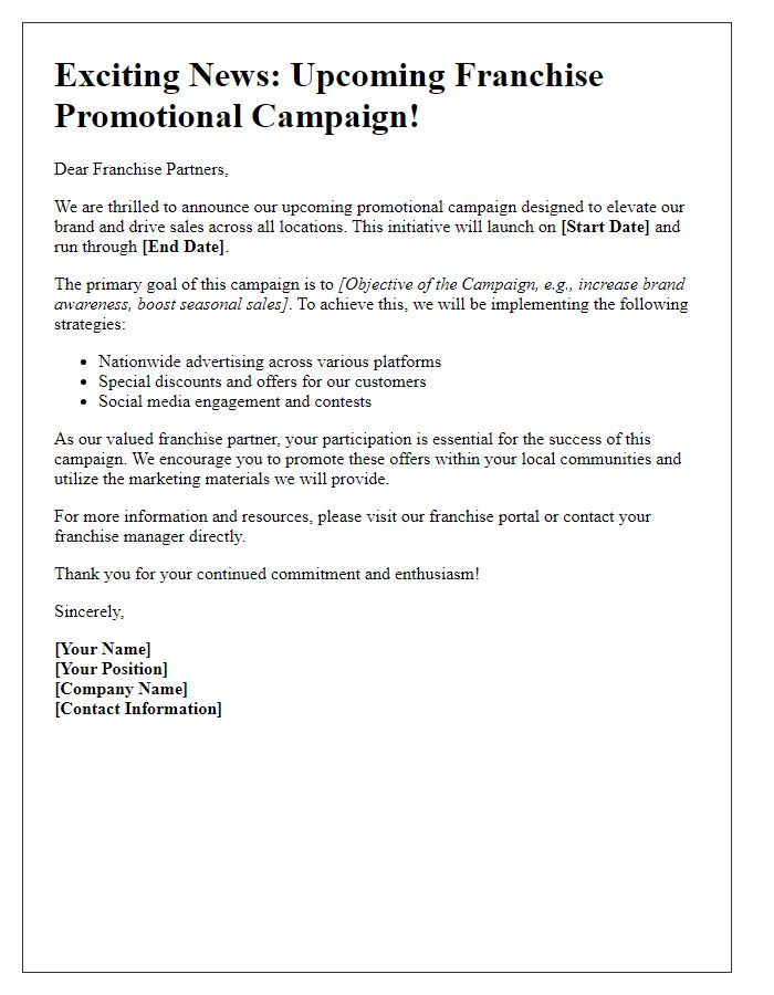 Letter template of franchise promotional campaign announcement