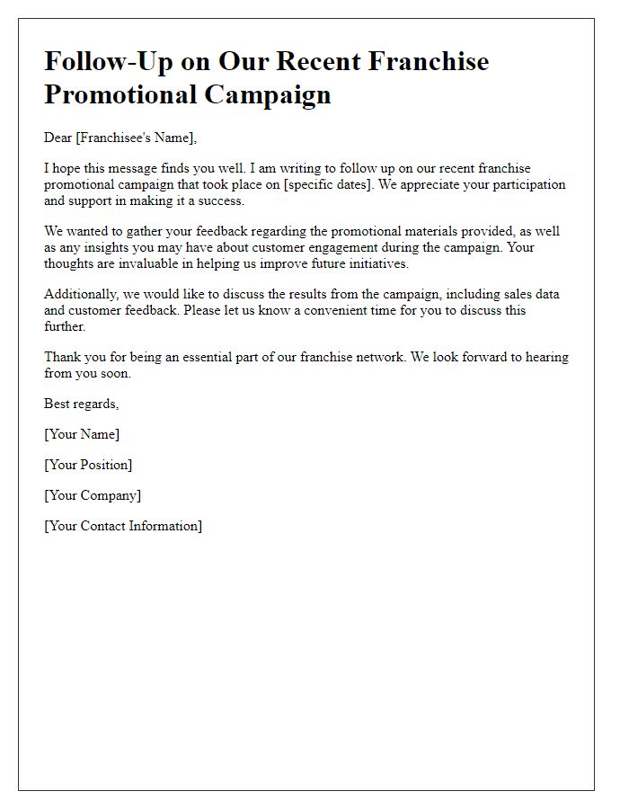 Letter template of franchise promotional campaign follow-up