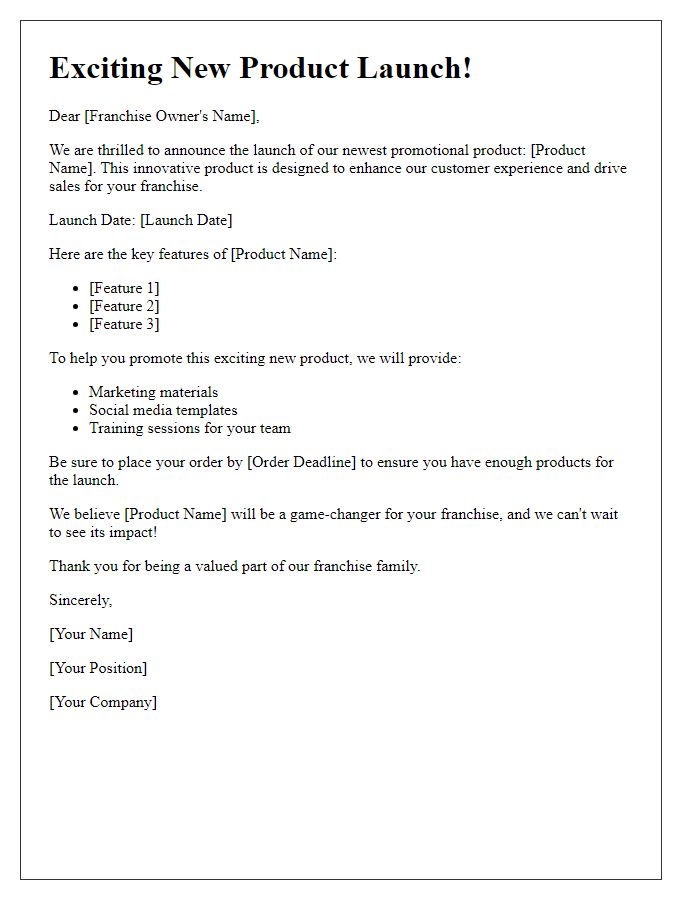 Letter template of new franchise promotional product launch