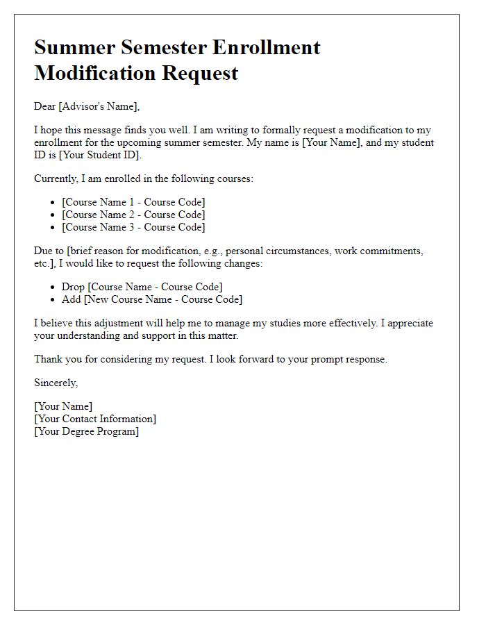 Letter template of summer semester enrollment modification request