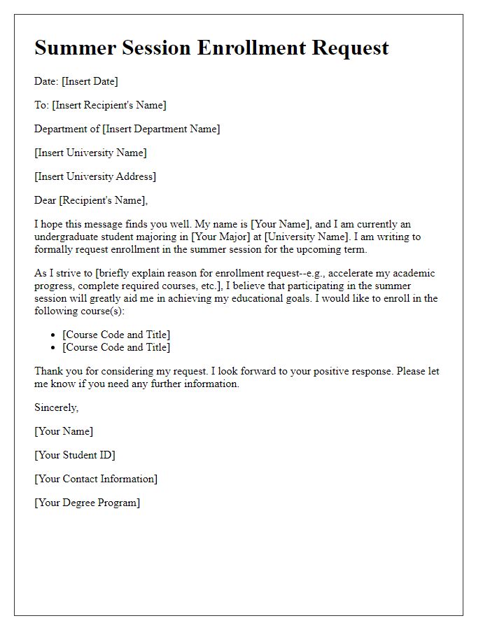 Letter template of summer session enrollment request for undergraduate students