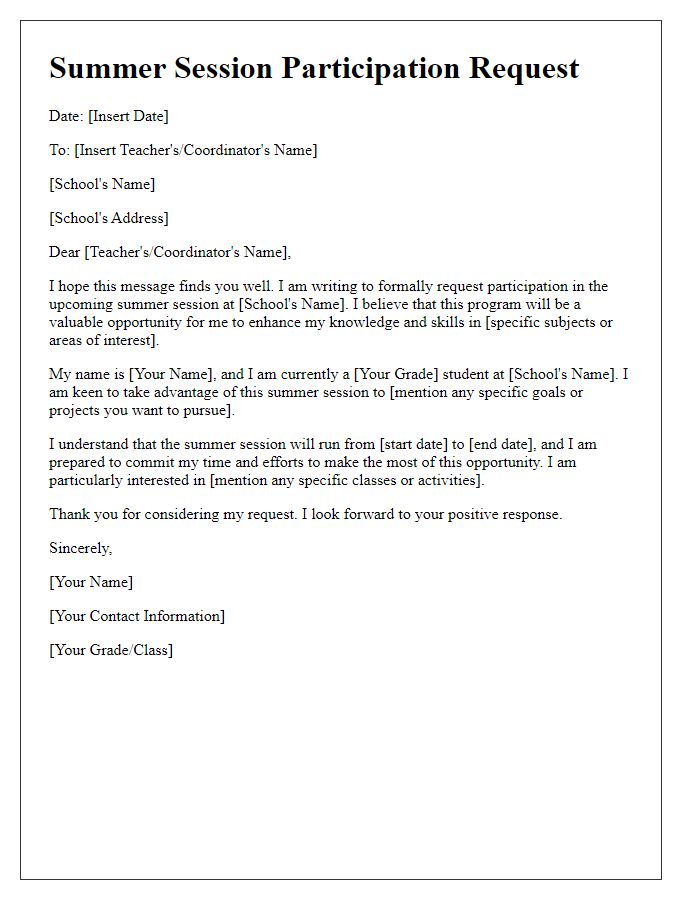 Letter template of summer session participation request for high school students