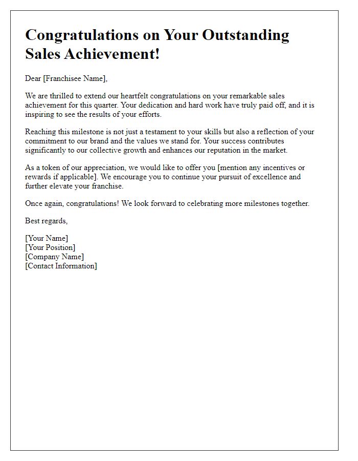 Letter template of franchise sales achievement congratulations message