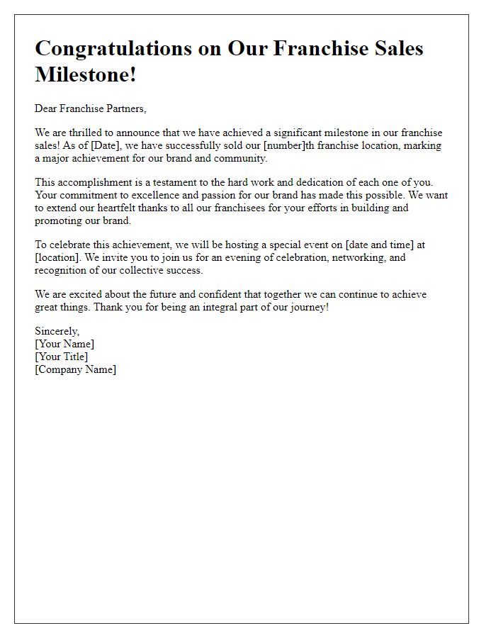 Letter template of franchise sales milestone achievement announcement