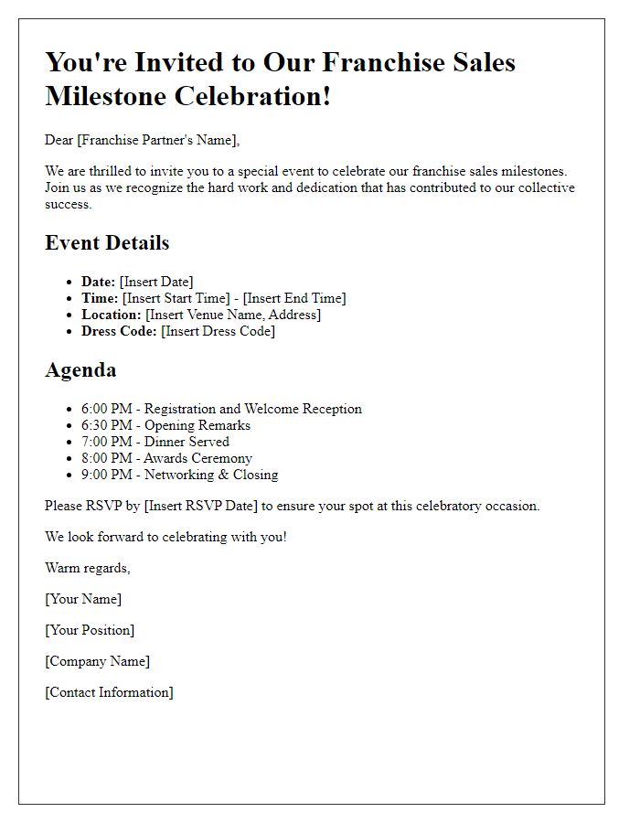 Letter template of franchise sales milestone celebration event details