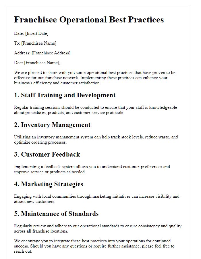 Letter template of franchisee operational best practices