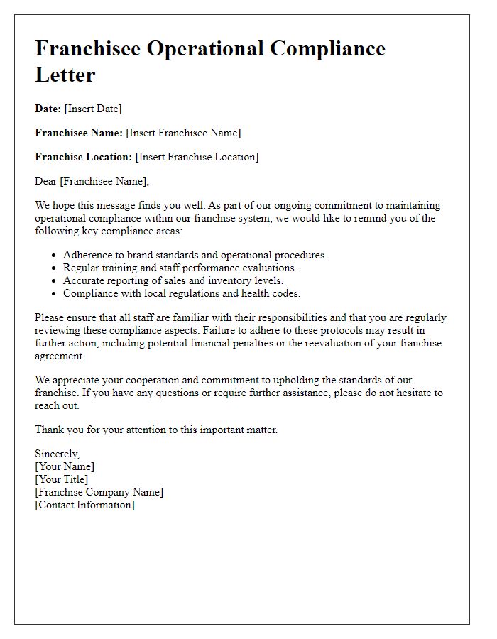 Letter template of franchisee operational compliance