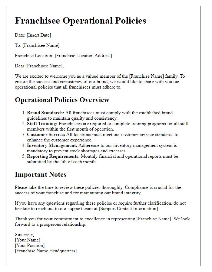 Letter template of franchisee operational policies