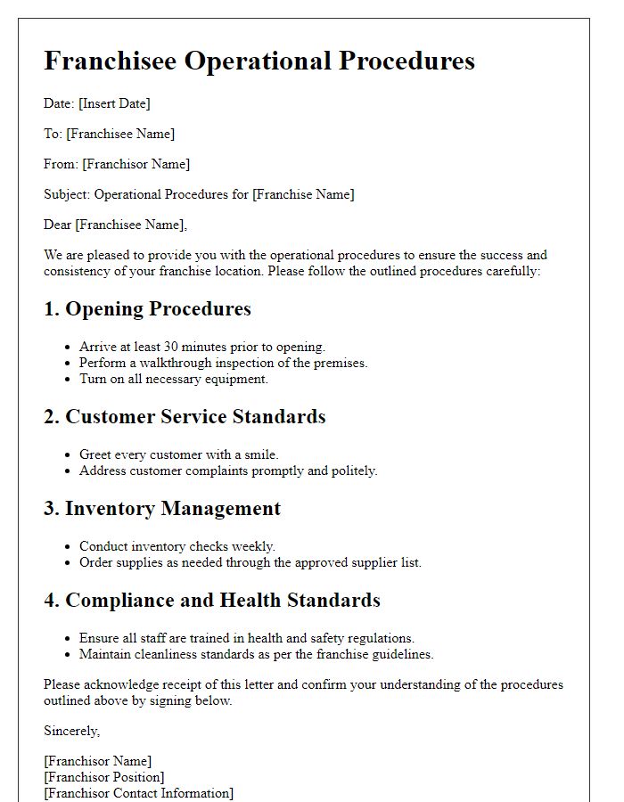 Letter template of franchisee operational procedures