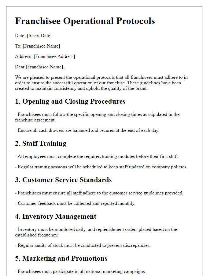 Letter template of franchisee operational protocols