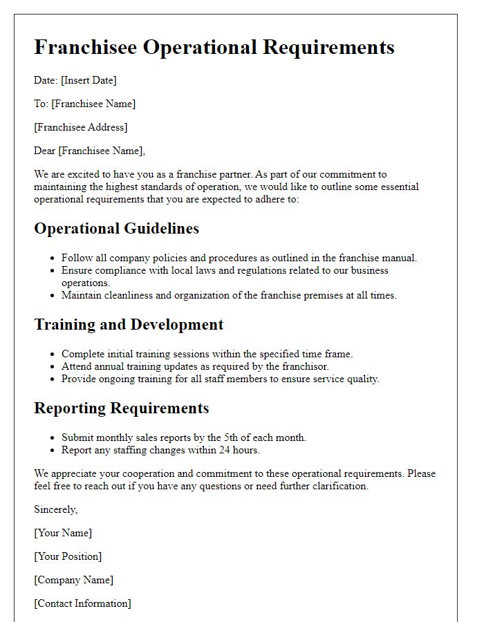 Letter template of franchisee operational requirements