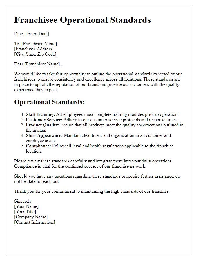 Letter template of franchisee operational standards