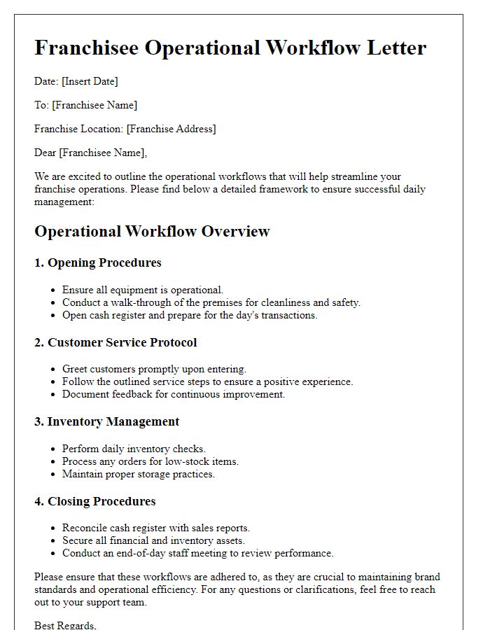 Letter template of franchisee operational workflows