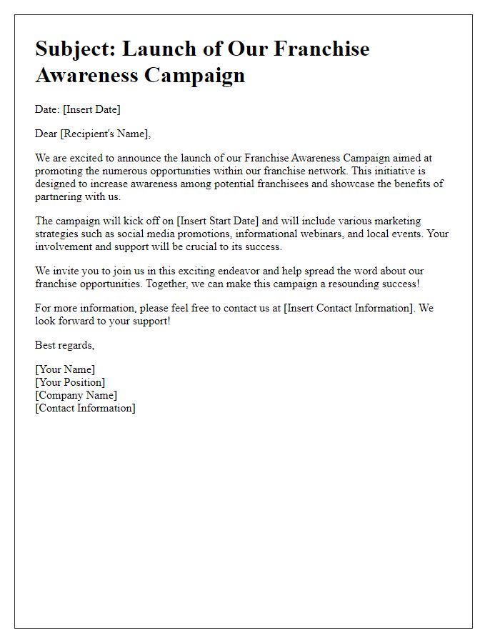 Letter template of franchise awareness campaign launch