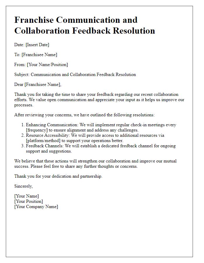 Letter template of franchise communication and collaboration feedback resolution