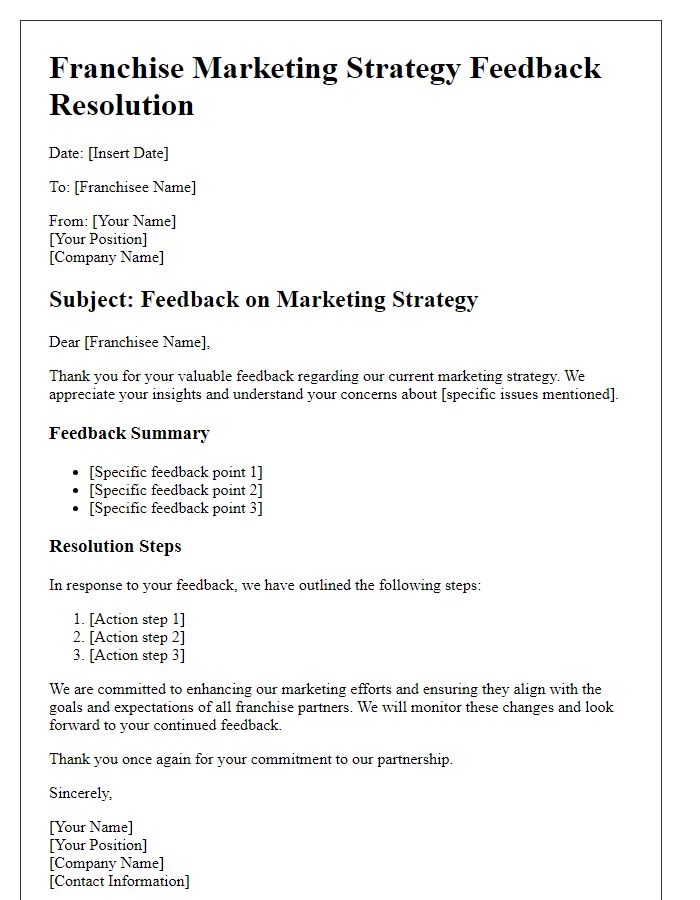 Letter template of franchise marketing strategy feedback resolution