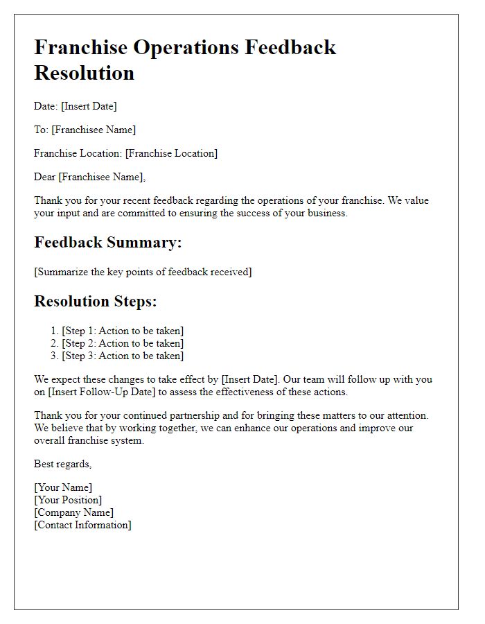 Letter template of franchise operations feedback resolution