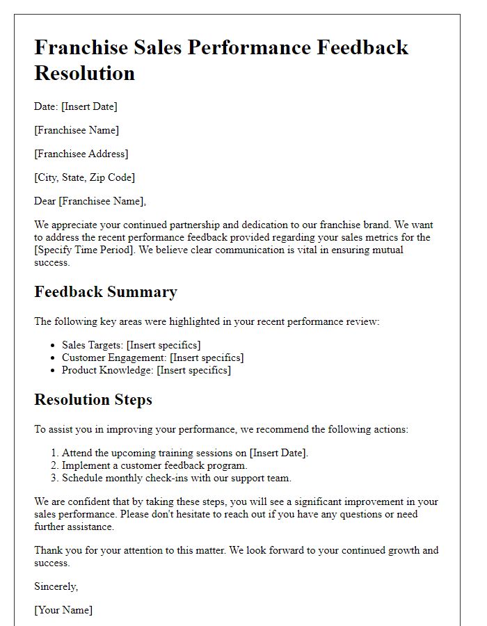 Letter template of franchise sales performance feedback resolution