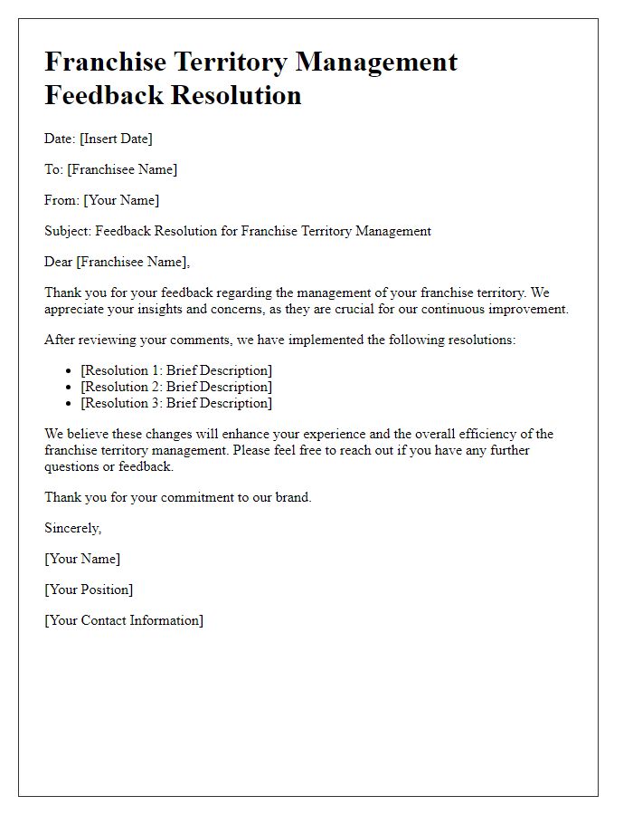 Letter template of franchise territory management feedback resolution