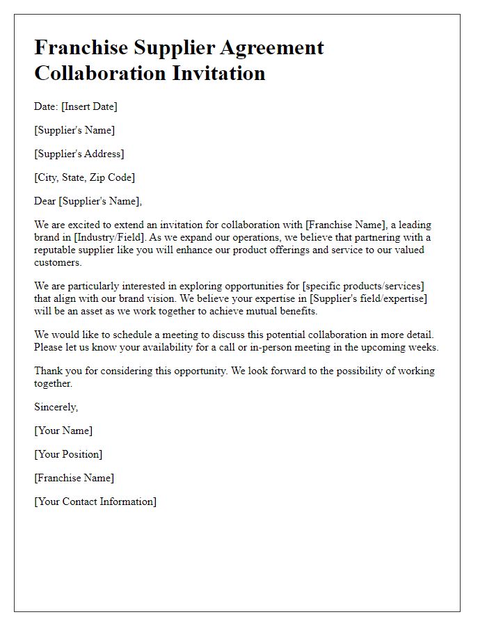 Letter template of Franchise Supplier Agreement Collaboration Invitation