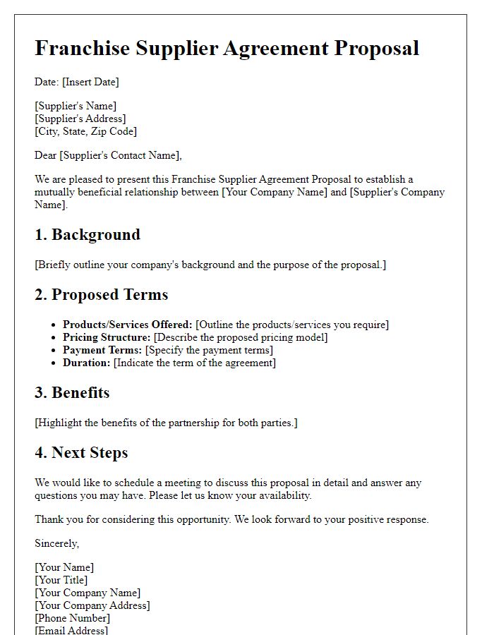 Letter template of Franchise Supplier Agreement Proposal