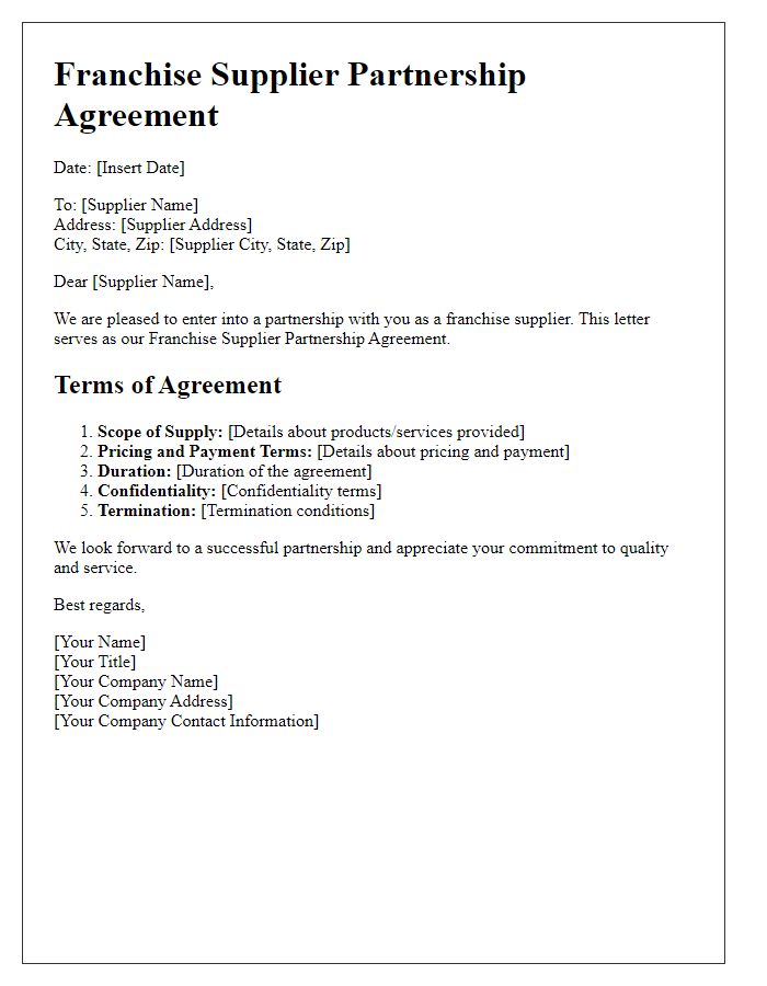 Letter template of Franchise Supplier Partnership Agreement