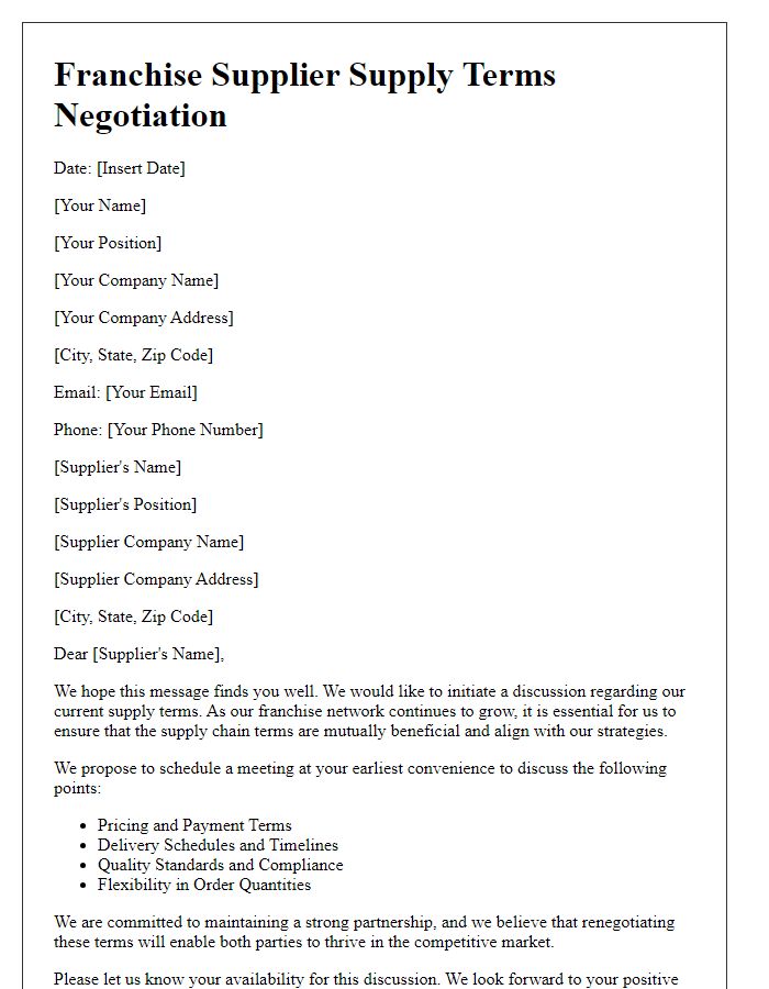 Letter template of Franchise Supplier Supply Terms Negotiation