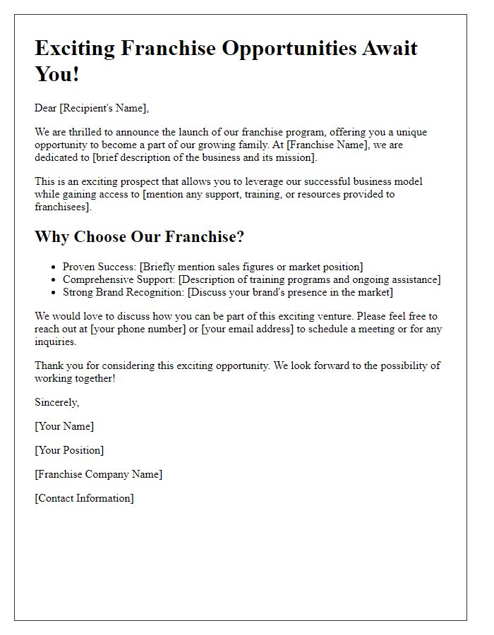 Letter template of Exciting Franchise Prospects