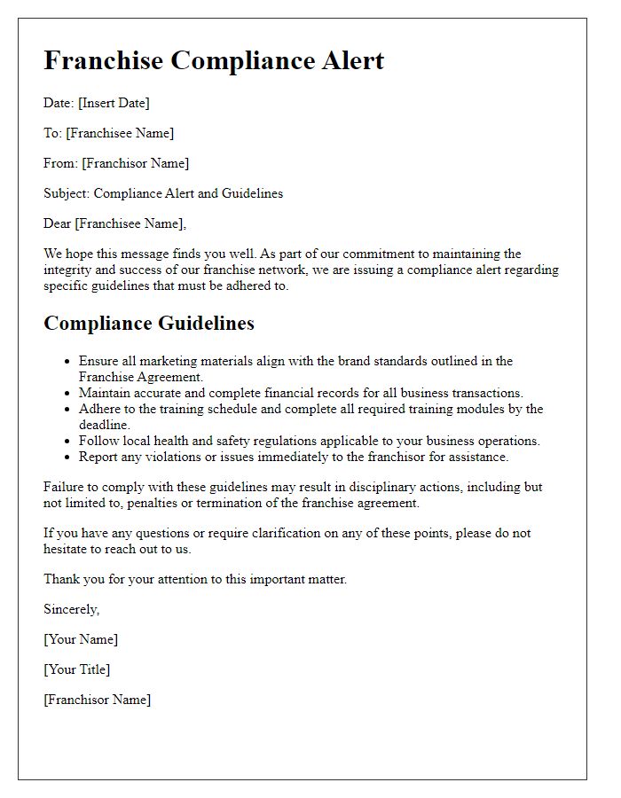 Letter template of Franchise Compliance Alert and Guidelines