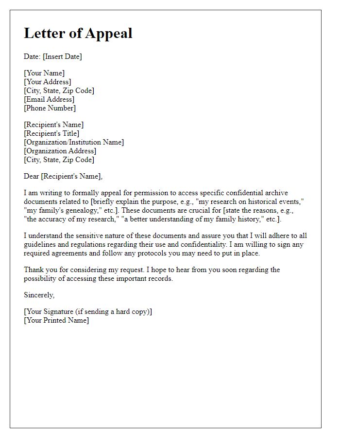 Letter template of appeal for viewing confidential archive documents.