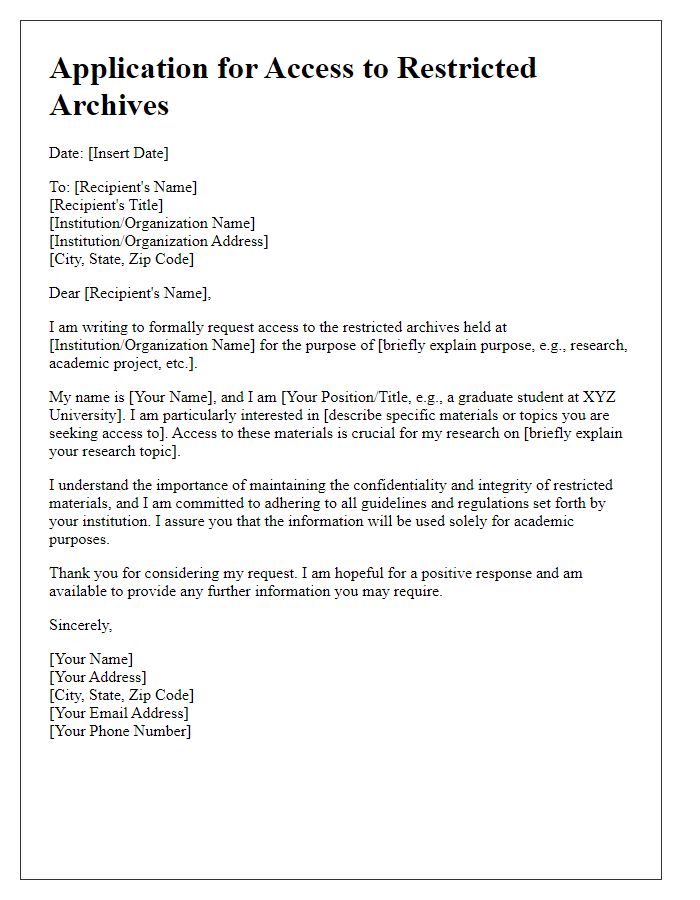 Letter template of application for access to restricted archives.