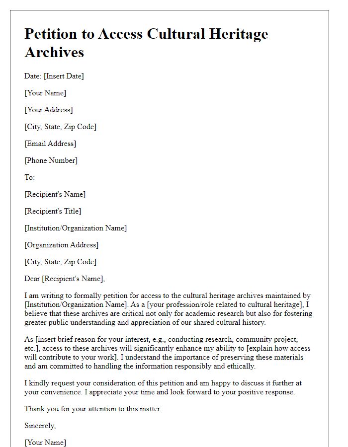 Letter template of petition to access cultural heritage archives.