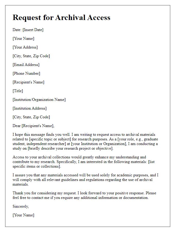 Letter template of request for archival access for research purposes.