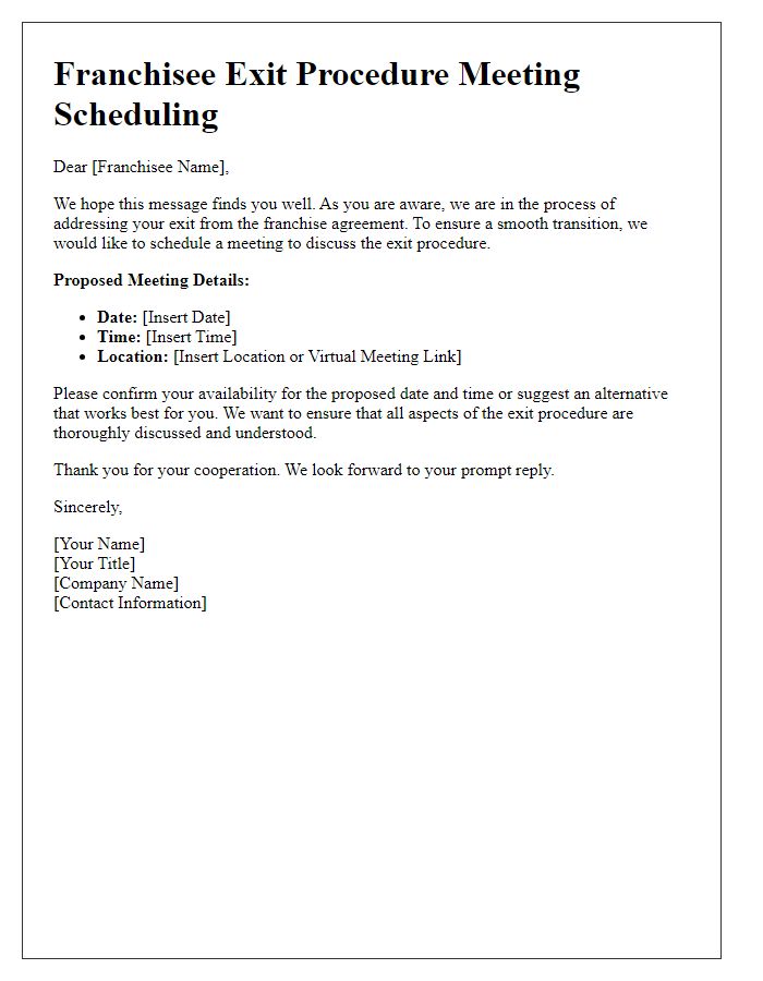 Letter template of Franchisee Exit Procedure Meeting Scheduling