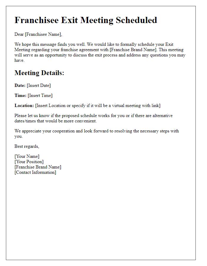 Letter template of Scheduling a Franchisee Exit Meeting