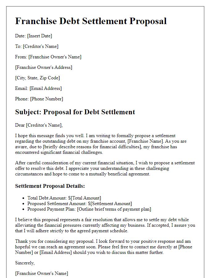 Letter template of Franchise Debt Settlement Proposal