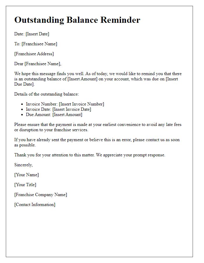 Letter template of Franchise Outstanding Balance Reminder