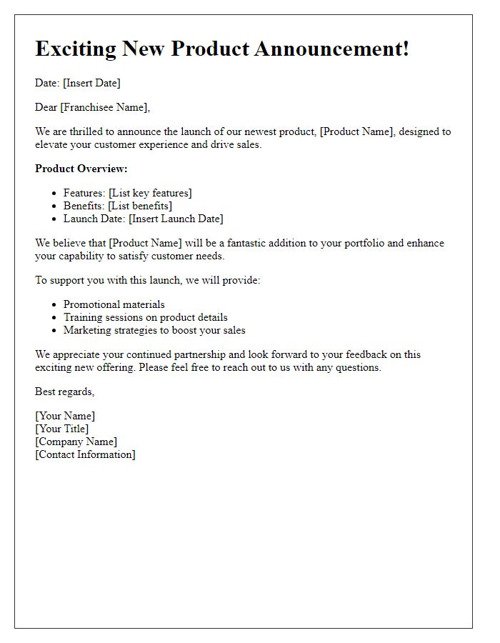 Letter template of franchise offering new product announcement.