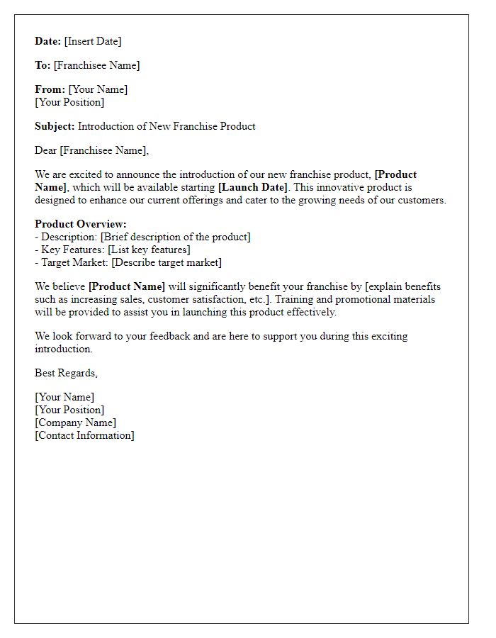 Letter template of franchise product introduction memo.