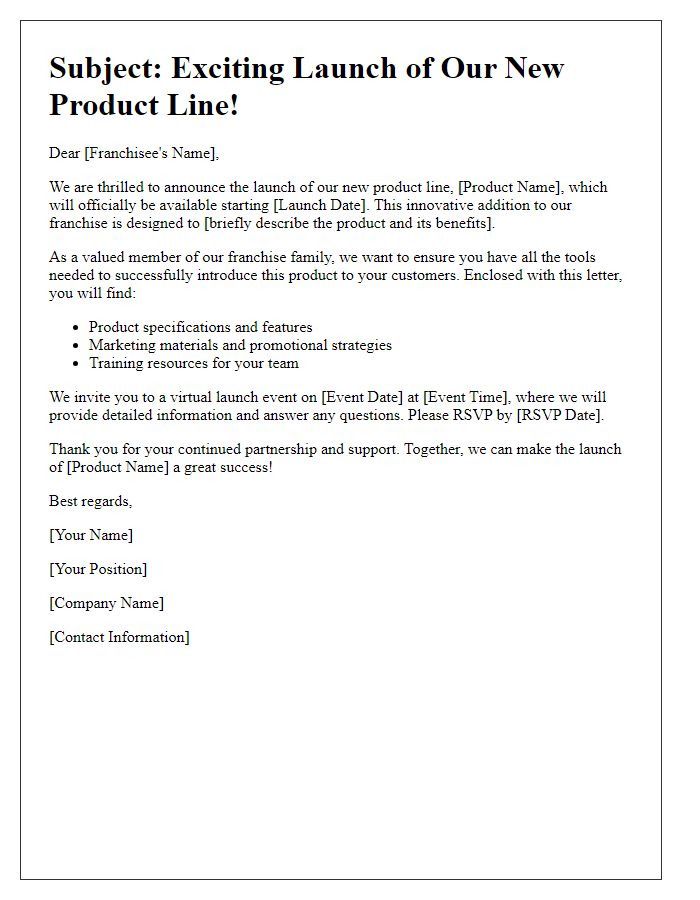 Letter template of franchise product launch introduction.