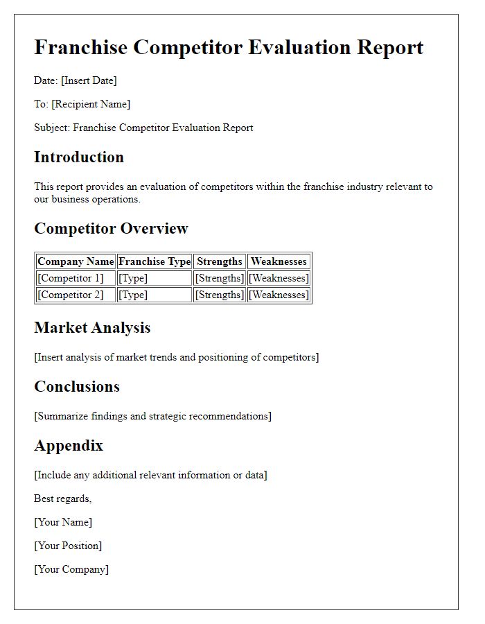 Letter template of Franchise Competitor Evaluation Report