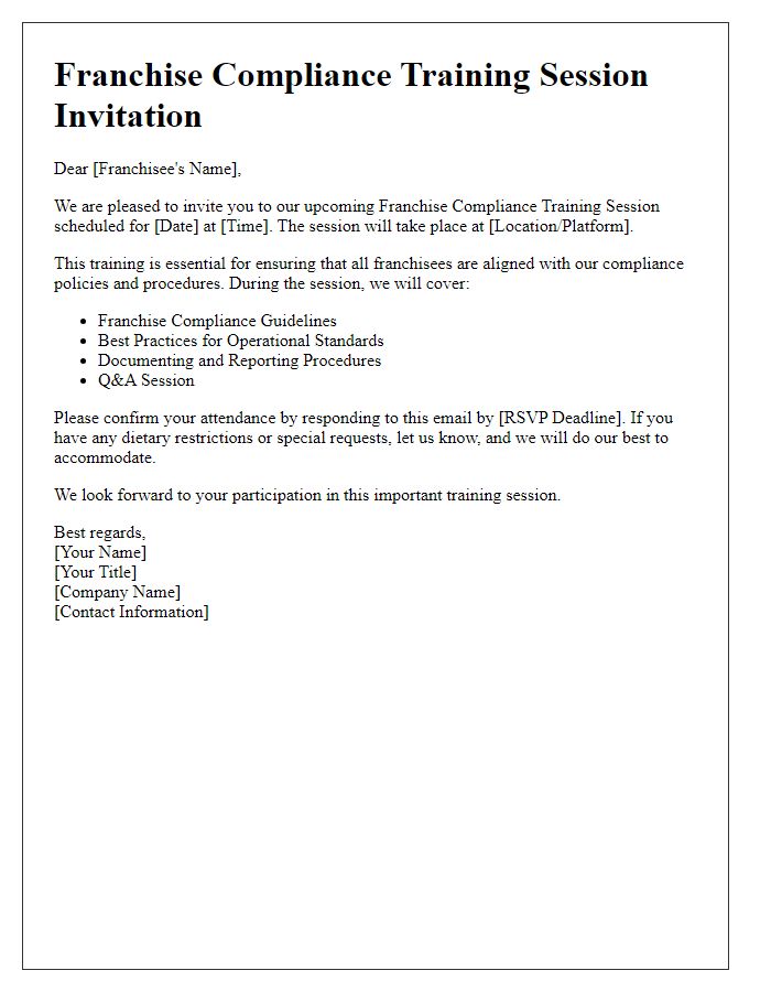 Letter template of franchise compliance training session