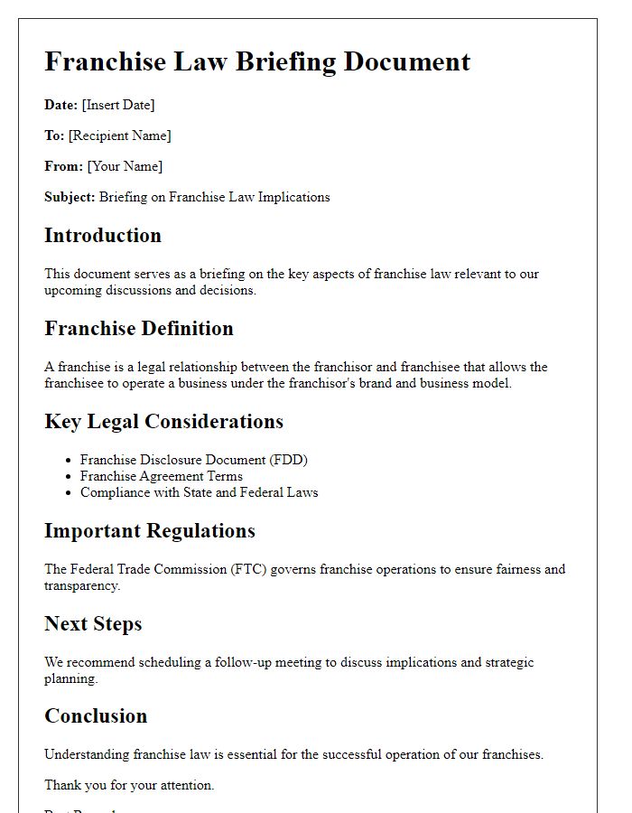 Letter template of franchise law briefing document