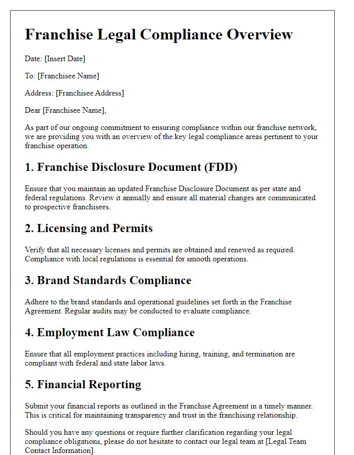 Letter template of franchise legal compliance overview